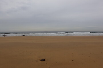 Wide sandy beach meeting wavy ocean under cloudy sky