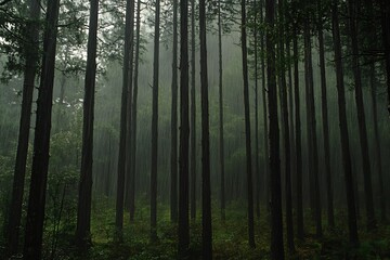 A misty forest scene with tall trees surrounded by fog and rain, evoking tranquility.