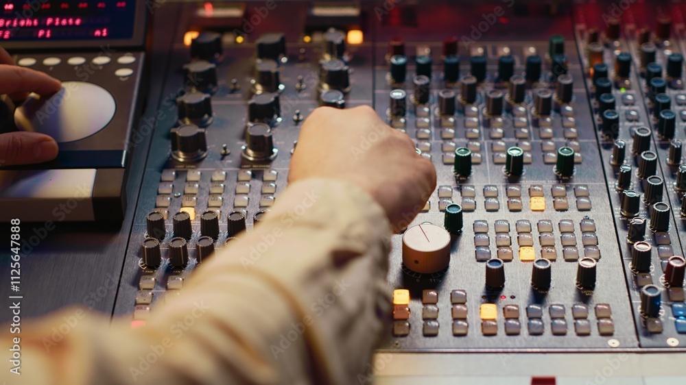 Poster sound designer working with sliders and switchers on control desk in professional music recording st