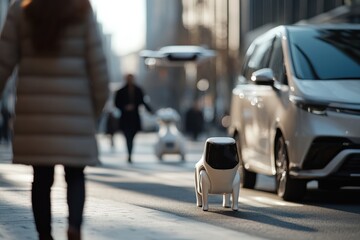 A futuristic robot dog navigates bustling city streets, illustrating the convergence of robotics and daily life, and showcasing advancements in technology.