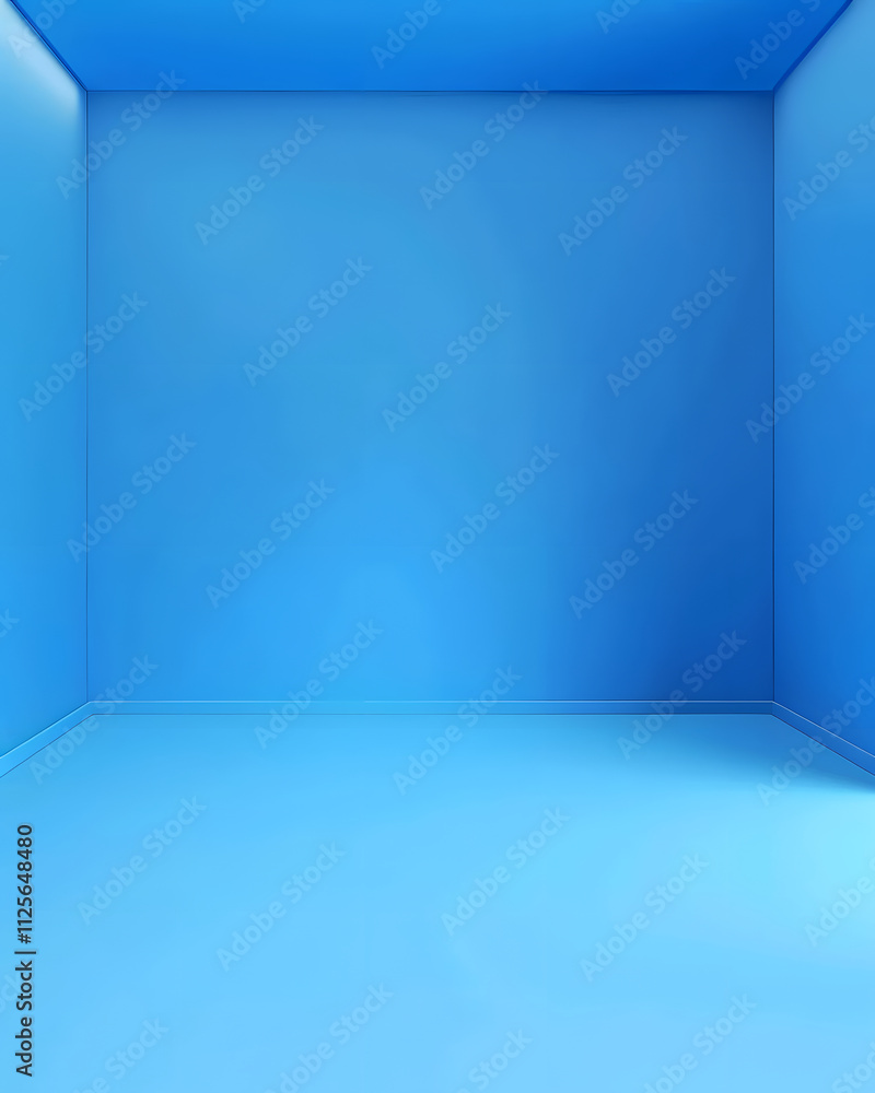 Poster a minimalist blue room with smooth walls and floor, creating a serene atmosphere.