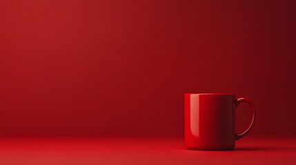 Red ceramic coffee mug on a matching red background with soft lighting  

