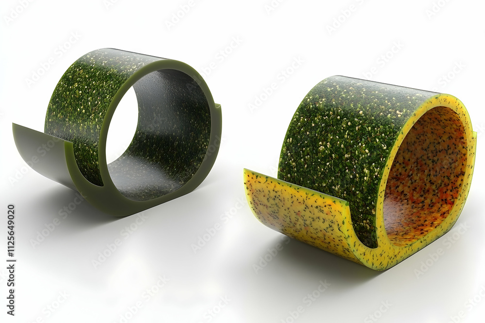 Poster abstract green and yellow speckled circular forms, possibly representing innovative materials or des