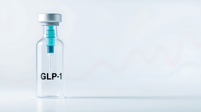 Vial labeled glp-1 with syringe, graphs showing health and growth trends.