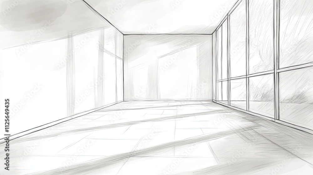 Poster sketch of a modern room with large windows