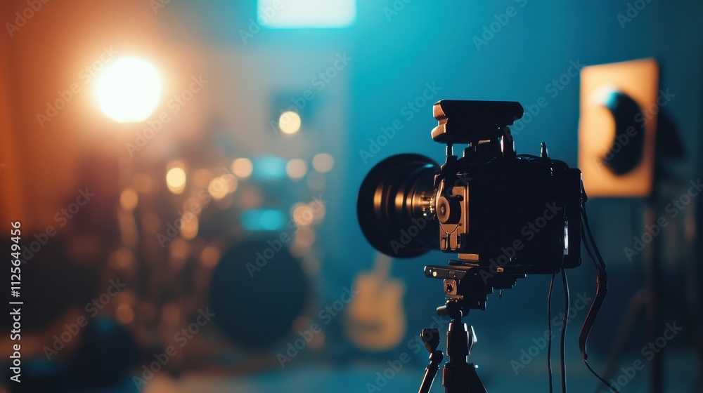 Poster an interview is being recorded in a professionally designed television studio featuring modern media