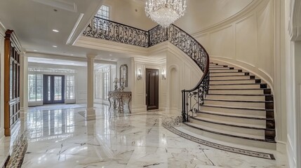 Grand entrance foyer with a stunning chandelier and marble floors.