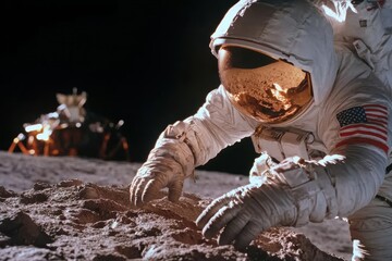 An astronaut in a spacesuit collects samples from the lunar surface, showcasing human exploration and perseverance in the face of the vastness and desolation of space.