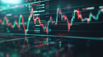Graph, chart and future hologram of stock market, financial management and investment profit tracking. , data and analysis on dark screen for cryptocurrency, banking and forex trading