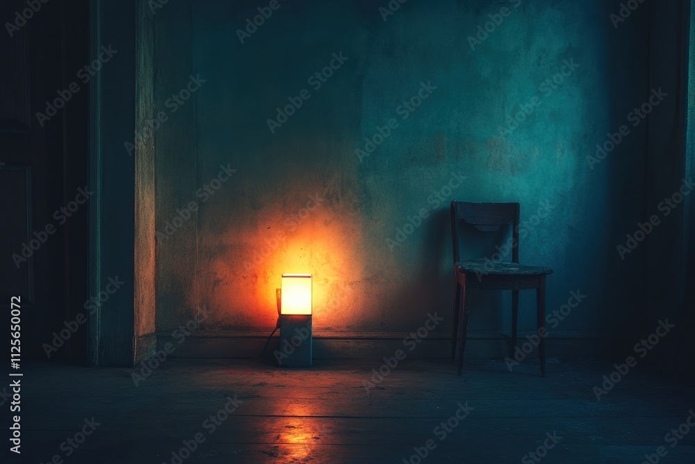 Poster a small light source brightens a dark, empty room featuring a solitary chair, evoking feelings of ab