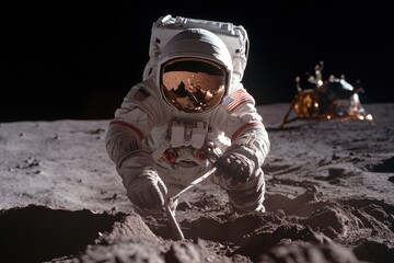 An astronaut in a space suit is collecting lunar samples on the moon’s surface, highlighting the exploration of space and human curiosity in unknown territories.