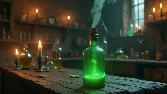 fantasy magician room green poisonous magic potion on a dark laboratory background