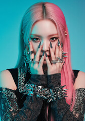  k - pop girl with pink hair  wearing a futuristic outfit and jewelry