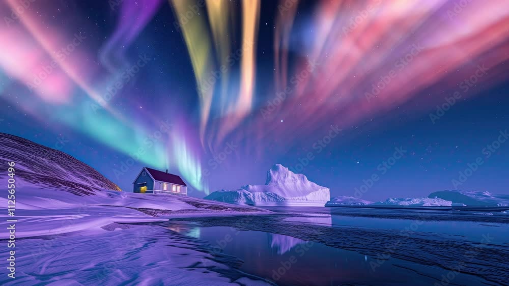 Wall mural greenland aurora above iceberg and house reflections on water loop generative ai