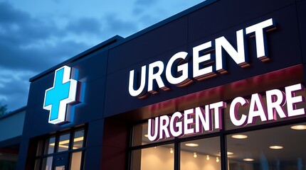 Urgent care facility at dusk, illuminated sign, welcoming entrance.