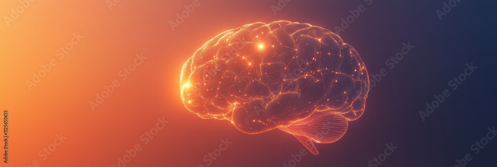 Poster glowing brain composed of tiny light points and lines showcases intricate connections, leaving room 