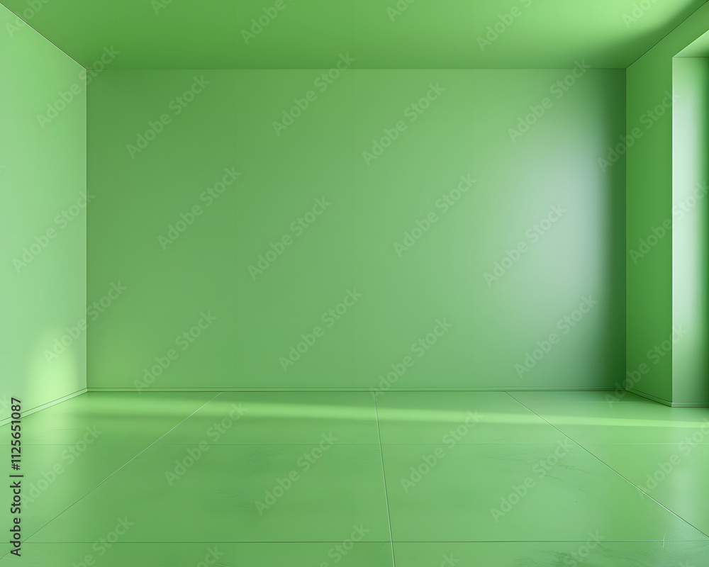 Poster a minimalist green room with smooth walls and floor, emphasizing color and space.