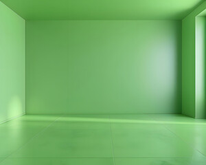 A minimalist green room with smooth walls and floor, emphasizing color and space.