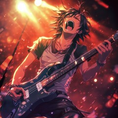 Obraz premium Energetic anime guitarist shreds on stage.