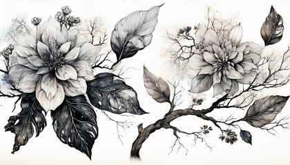 collection of black small leaf and flower on branch of old tree,isolated on white background ,clipart,space left and right,image in center of area