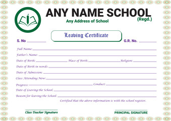 Any Name School Leaving Certificate layout template. Editable text