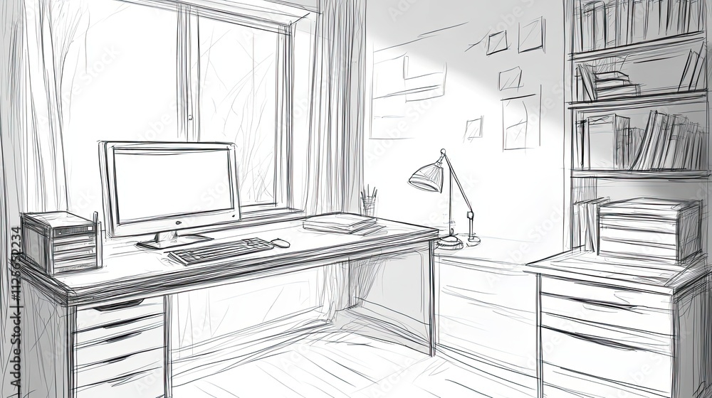 Poster sketch design of a home office workspace with computer and bookshelves