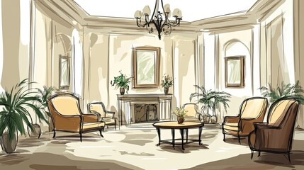Elegant Living Room Interior Design Sketch