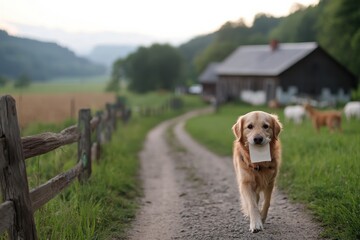 A golden retriever proudly carries a note in its mouth along a rustic farm path, highlighting the loyal and hardworking nature of dogs in our lives.