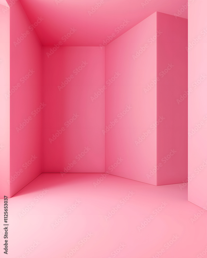 Poster a minimalist pink room with smooth surfaces and sharp angles, creating a vibrant atmosphere.