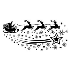 Merry Christmas, Santa Claus flying in sleigh with reindeer