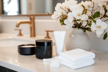 A stylish bathroom scene featuring a chic flower arrangement alongside various skincare products on a counter, evoking cleanliness and aesthetic appeal.