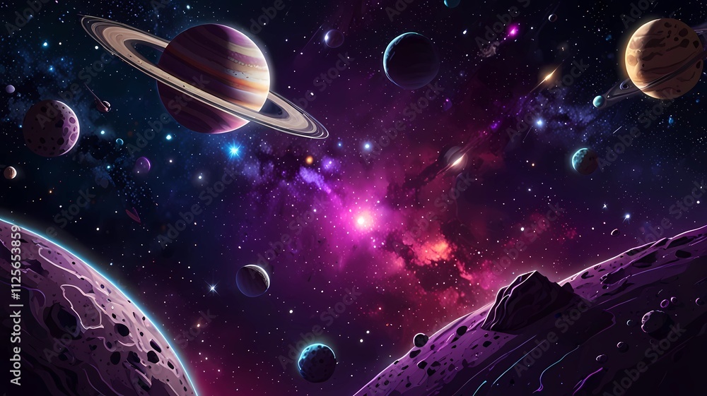 Canvas Prints space galaxy background with saturn planet and asteroids, cartoon universe texture. vector starry fu