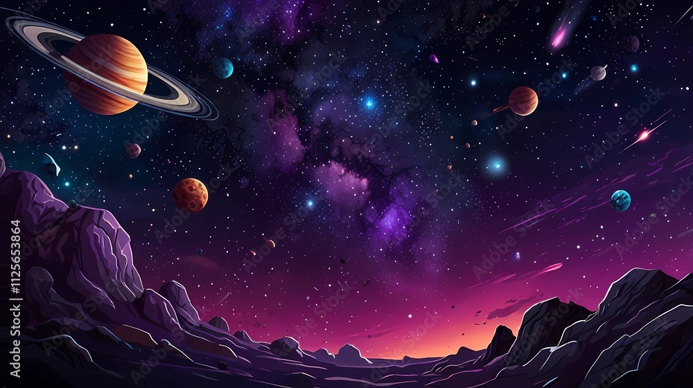 Wall mural space galaxy background with saturn planet and asteroids, cartoon universe texture. vector starry fu