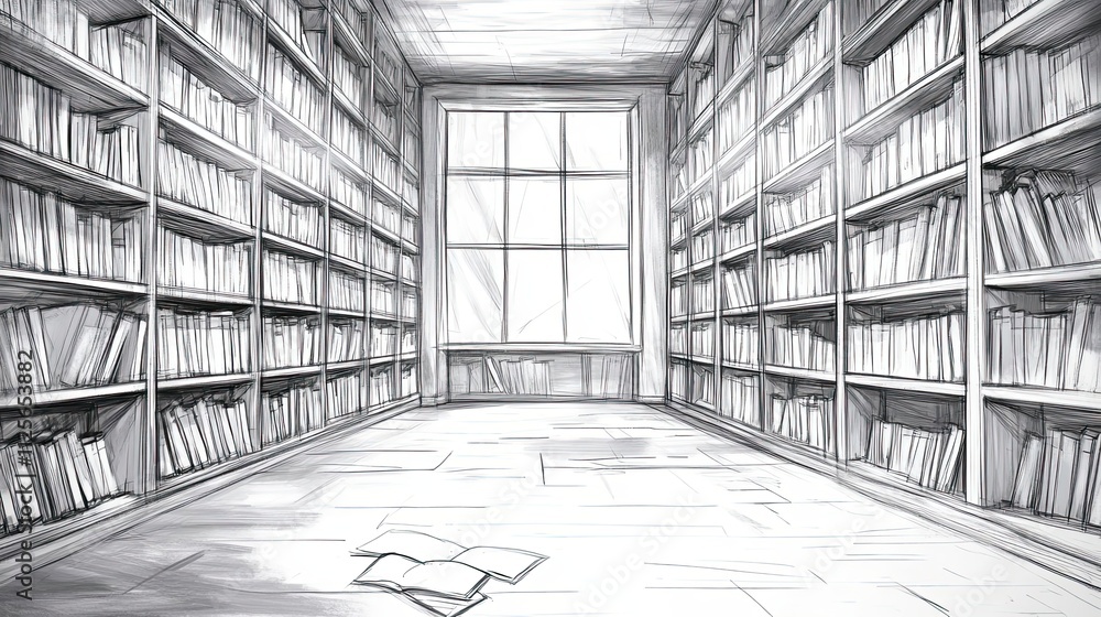 Poster sketch of a library with bookshelves and a window