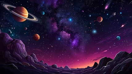 Space galaxy background with saturn planet and asteroids, cartoon universe texture. Vector starry futuristic surface with purple nebula, cosmos dust scenery. Deep purple sky with stars and planets
