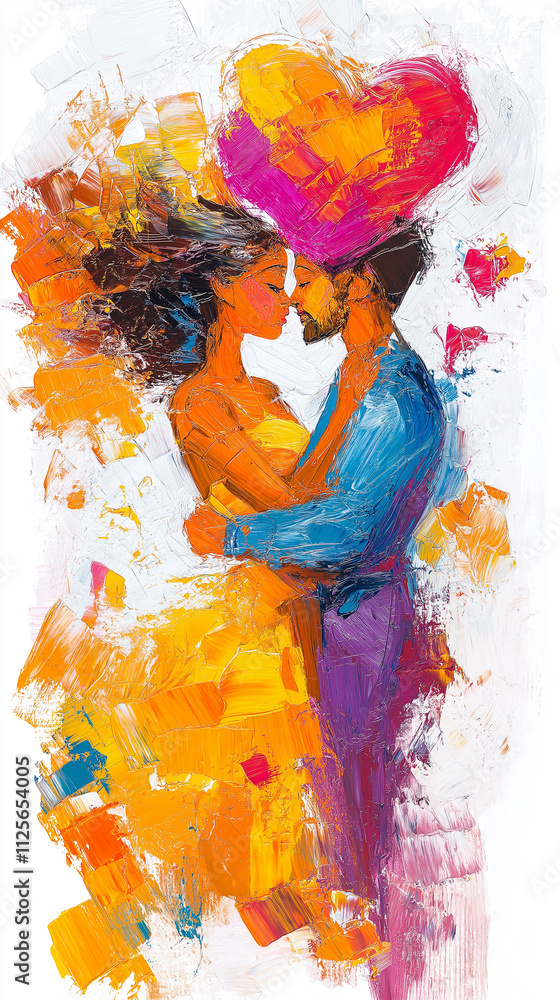 Poster two figures embrace in vibrant colors, expressing deep affection through bold strokes that symbolize