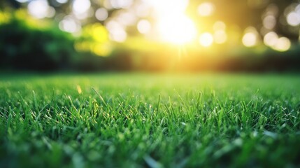 Naklejka premium Green lawn with fresh grass outdoors. Nature spring grass background texture, with copy space. Landscaping of a parking area
