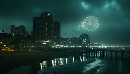 Fototapeta premium Night cityscape with fireworks over oceanfront pier and Ferris wheel. Stunning dark teal tones and city lights reflect in calm waters.