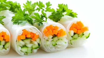 Close-up fresh veggie spring rolls, rich colors of greens, carrots, and herbs, isolated on white, symbolizing clean eating and health