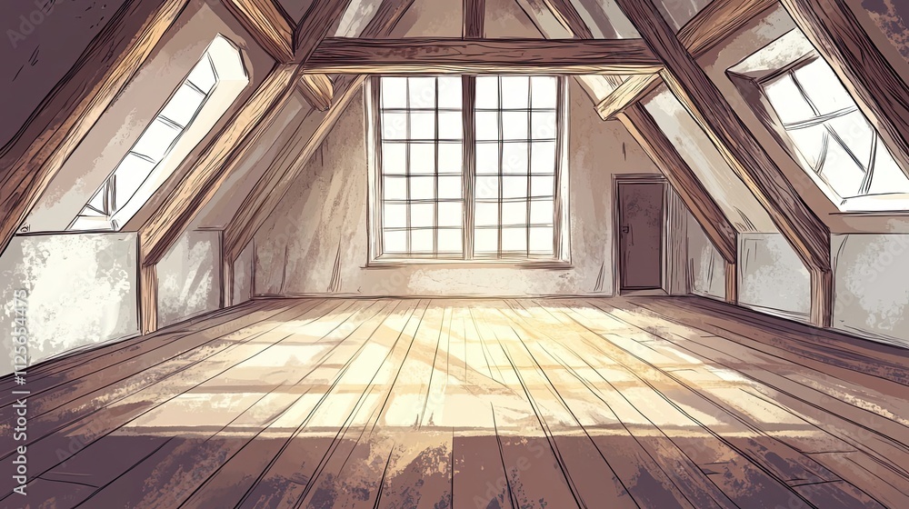 Poster sunlit attic room with wooden beams and large window