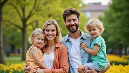 A cheerful family portrait in a park with a father, mother, and two kids, surrounded by vibrant green trees and flowers. Generative, AI.