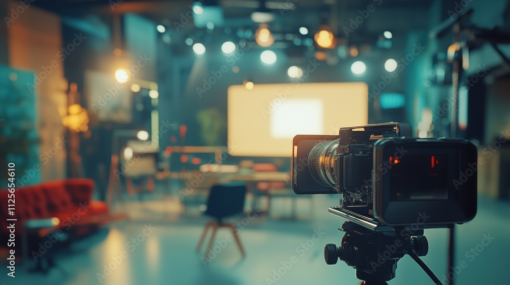 Poster recording an interview on camera in a contemporary television studio, featuring advanced media techn