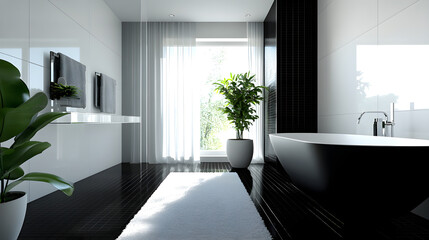 A modern bathroom with a black and white color palette, featuring a freestanding bathtub, black tiles, and white walls