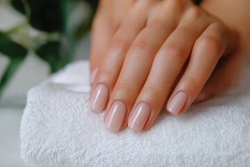 Naklejka premium An artistic shot of a hand adorned with soft pink nails resting on a plush white towel, radiating sophistication and elegant beauty in personal care and nail art.
