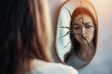 A person facing a mirror with their reflection showing cracks, symbolizing mental fragility, with copy space.