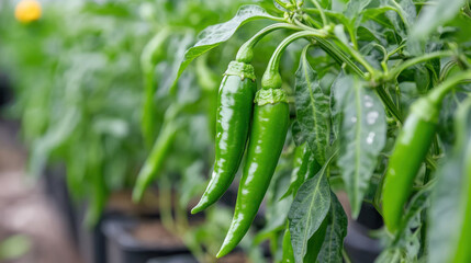 Organic green chili row in modern greenhouse automated system