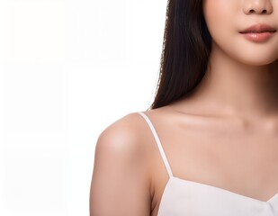 Fototapeta premium Close-up shot of a young woman's shoulder and neck showcasing smooth, flawless skin. Soft lighting enhances her beauty.