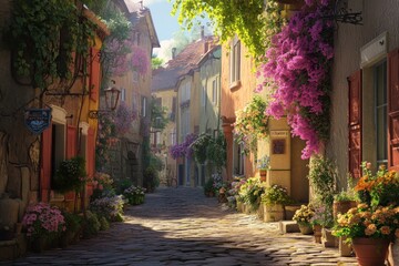 Fototapeta premium Sunlit cobblestone street, flower-filled, charming village.