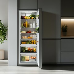 Open refrigerator full of fresh fruits and vegetables in modern kitchen setting.