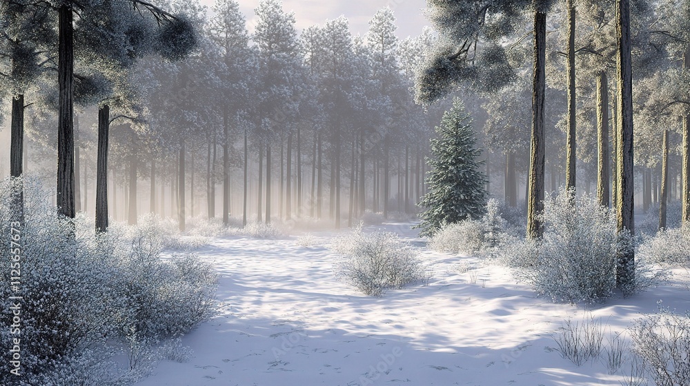 Poster serene snowy forest scene with frosted trees and gentle atmosphere